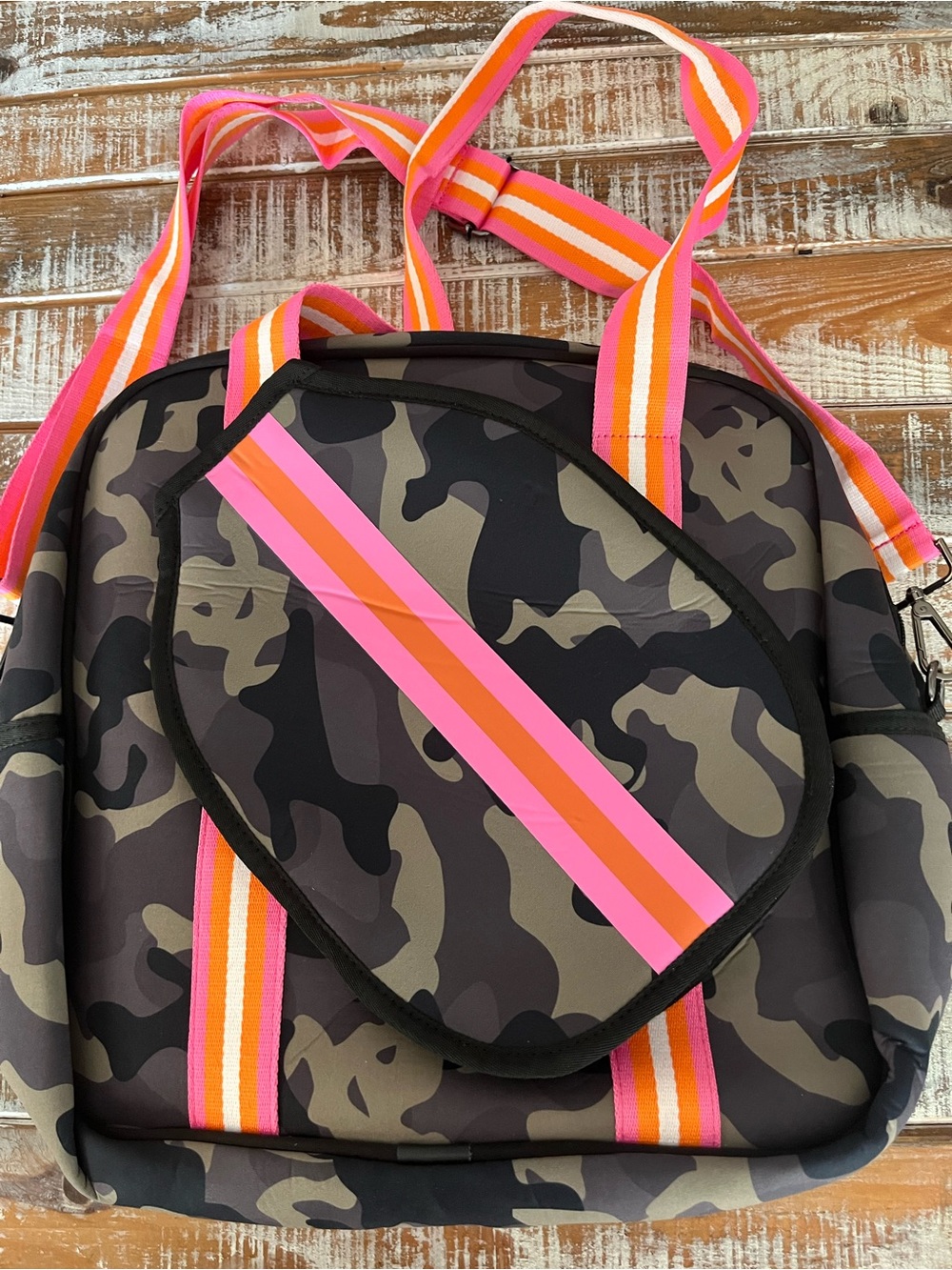 Camouflage Weekend Tote with Pink & Orange Stripe Accent